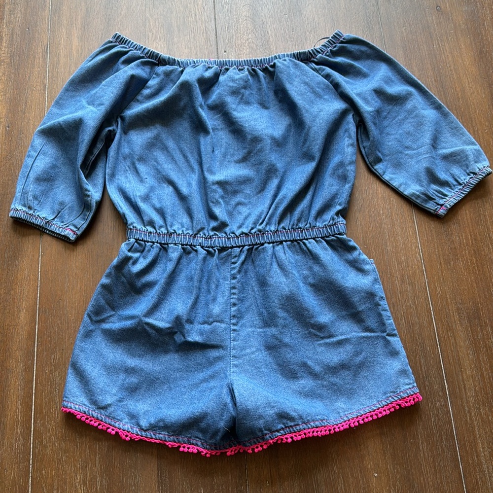 Size 8 Kenzie pocketed crochet trim denim chambray romper jumpsuit shorts - Picture 5 of 7